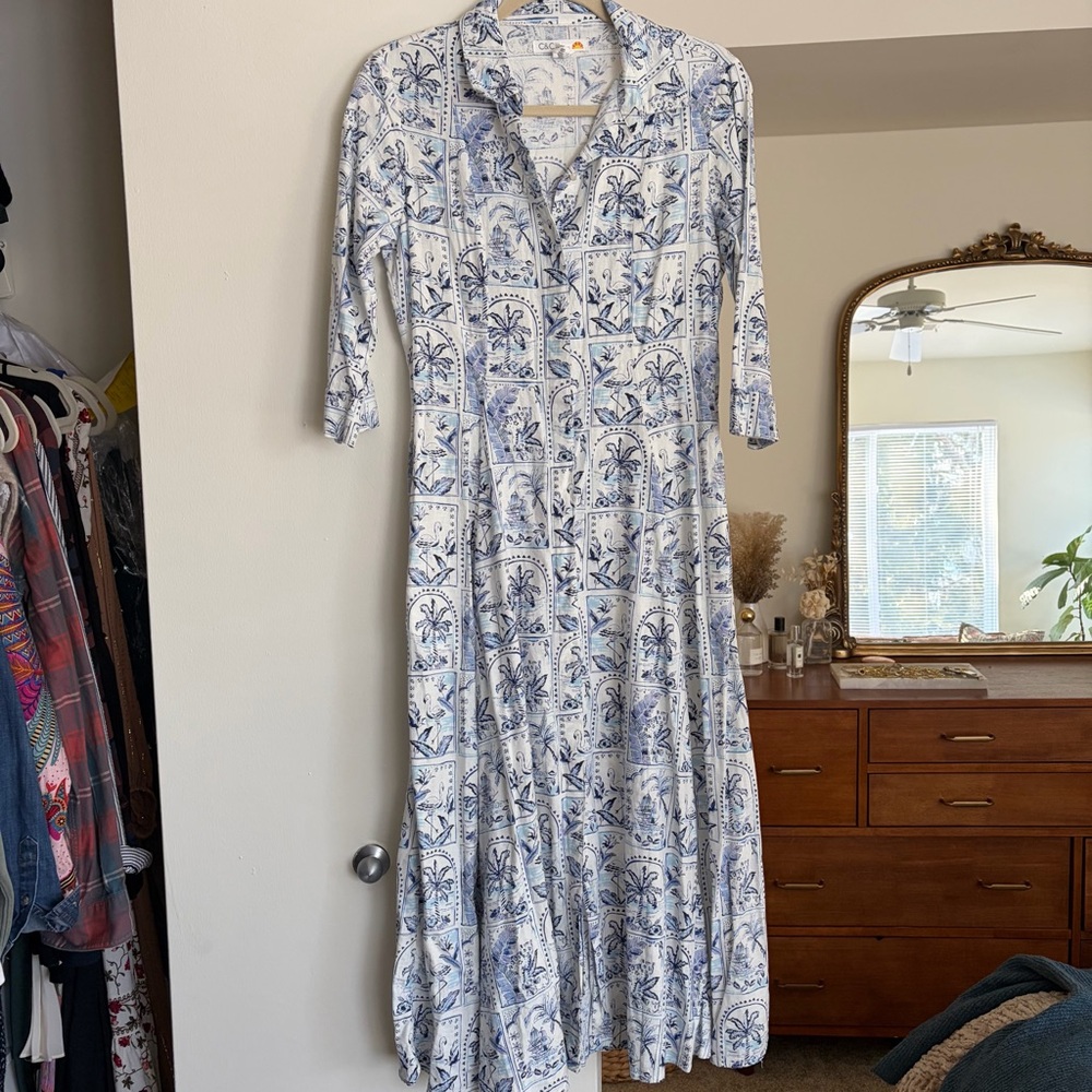 Blue and White Tropical Patterned Women's Dress